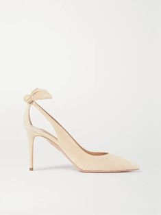 AQUAZZURA Bow Tie 85 suede pumps | NET-A-PORTER Elegant Suede Slingback Pumps With Pointed Toe, Chic Suede Heels For Wedding, Suede Heels With Bow For Evening, Evening Suede Heels With Bow, Aquazzura Wedding Shoes, Aquazzura Slingback, Aquazzura Bow Tie, Aquazzura Bow Tie Pumps, Aquazzura White Heels