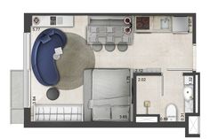 an overhead view of a bedroom and living room from the top down on a floor plan