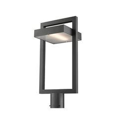 an outdoor post light with a square design on the top and bottom panel, in black