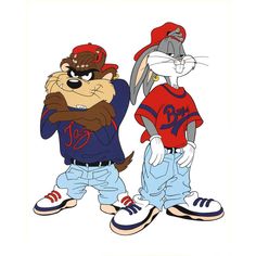 two cartoon characters are standing next to each other, one is wearing a baseball cap