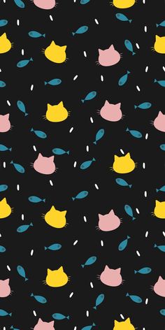 a black background with many different colored cats on it's face and tail shapes