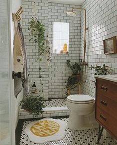 a white toilet sitting next to a sink in a bathroom under a window with potted plants