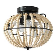 a light fixture with wooden beads hanging from it's center and black metal frame