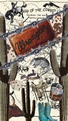 the map of the cowboy is shown with cactus, boots and other things on it