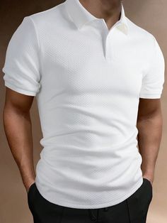 White Casual,Work Collar Short Sleeve Fabric Plain  Embellished Slight Stretch Spring/Summer Men Clothing Work Shorts, Polo Shirt White, Casual Work, Camisa Polo, Men Clothing, White Casual, Mens Polo Shirts, Polo Shirts, Work Casual