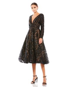 Black Overlay, Black Tie Formal, A Line Cocktail Dress, Mac Duggal Dresses, Sequin Cocktail Dress, Long Sleeve Sequin, Black Tie Wedding, Mac Duggal, Midi Sheath Dress