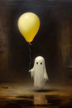 An oil painting of a cute little ghost standing in an abandoned victorian mansion, holding a little yellow balloon. A Ghost, Cute Ghost, Ghost, Digital Prints, Tumblr, Halloween, Wall Art, Yellow, Wall