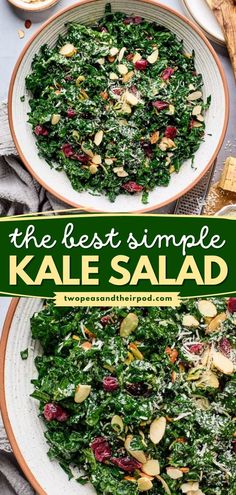 This Simple Kale Salad is made with fresh, hearty kale, Parmesan cheese, toasted almonds, dried cranberries, and a fresh lemon balsamic dressing. Add this simple side dish to your quick and easy food ideas for lunch! Cranberry Kale Salad, Best Kale Salad Recipe, Simple Kale Salad, Kale Recipes Healthy, Cranberry Salad Recipes, Parmesan Salad, Lemon Salad, Salad Recipes Healthy Easy