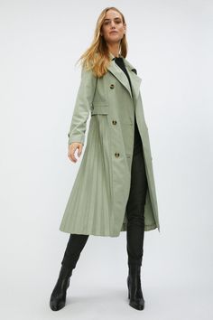 Pleated Trench Coat - Sage - Your favourite trench coat, made so much prettier. It's been detailed with gorgeous pleating at the back, alongside on-trend tortoiseshell buttons and a chunky buckled belt that'll cinch you in at the waist. Trench Coat Style, Women's Coats & Jackets, Fashion Face, Pistachio, Coats For Women, Trench Coat, Cover Up, Coats Jackets, Jackets For Women