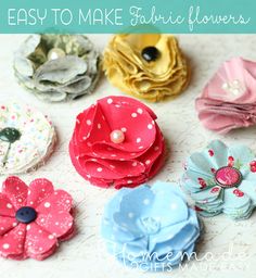 several fabric flower brooches are shown with the words easy to make fabric flowers