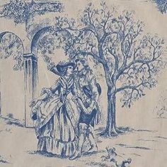 a blue and white drawing of two people in front of a tree with a dog laying on the ground