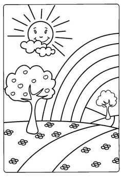 a black and white drawing of a rainbow with trees, flowers and clouds in the background