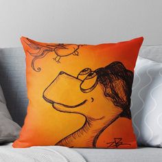 a drawing of a dog on an orange background throw pillow