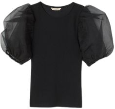 Black Top With Sheer Puff Sleeves, Black Tops With Sheer Lantern Sleeves, Black Top With Sheer Lantern Sleeves, Elegant Black Puff Sleeve Top With Gathered Sleeves, Elegant Black Puff Sleeve Top, Workwear Tops With Sheer Puff Sleeves, Sheer Puff Sleeve Tops For Work, Fitted Tops With Mesh Puff Sleeves, Elegant Black Puff Sleeve Top With Blouson Sleeves