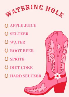 a pink cowboy boot with the words watering hole written in english and spanish on it