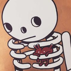 a drawing of a skeleton holding a red frog