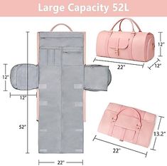 the large capacity travel bag is shown with measurements for each item in front and back