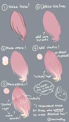 some pink hair is shown with different words and phrases on the top right side of it