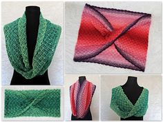 four photos of different ways to crochet a shawl