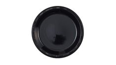 an empty black plastic plate on a white background