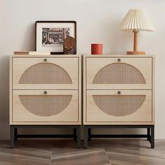 two wooden sideboards sitting next to each other on top of a hard wood floor