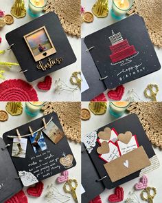 four pictures of different cards with photos and words on them, one has a birthday cake