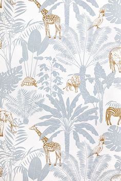 an animal themed wallpaper with giraffes, zebras and palm trees