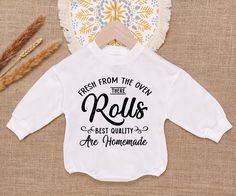 Rolls Are Homemade Baby Romper Sweatshirt, 1st Thanksgiving Baby Romper, Fresh From The Oven Baby Bodysuit, Retro Thanksgiving  - Handmade     - Ships from USA     - Materials: 100% CPSIA Compliant and Ethically Made material   Light fabric (5.0 oz/yd² (170 g/m    Crafted with soft, breathable fabric, this romper ensures your baby stays comfortable through playtimes and nap times alike. Featuring charming designs suitable for all babies, our romper is as adorable as it is practical.     Quick Si 1st Thanksgiving, Nap Times, Retro Thanksgiving, M Craft, Thanksgiving Baby, Homemade Baby, Nap Time, Miami Fl, Gender Neutral Baby