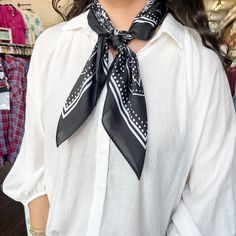 Black/White Bandana Print Scarf - Lyla's: Clothing, Decor & More - Plano Boutique Black Bandana Print Gift Bandana, Black Bandana For Beach, Trendy Adjustable Bandana For Gift, Trendy Adjustable Bandana As Gift, White Bandana Print Scarf, Trendy Bandana Scarf For Festivals, Trendy Festival Bandana Scarf, Trendy Black Scarf As Gift, Black Bandana For Summer, One Size Fits Most