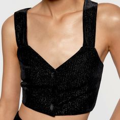 Crop Top Bralette Metallic Button Closure On The Front Crisscross On The Back New With Tags - Unique Piece Size Xs (But Fits Best As Size S) Style 8372/386 Material 85% Polyester / 10% Elastane / 3% Polyamide Chic Party Top With Buttons, Chic Party Tops With Buttons, Chic Buttoned Party Top, V-neck Buttoned Top For Party, Cropped Tops With Button Closure For Night Out, V-neck Party Top With Buttons, Zara Cropped Evening Crop Top, Zara Evening Cropped Top, Zara Cropped Top For Evening