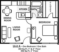 a floor plan for a one bedroom apartment with an attached bathroom, living room and kitchen