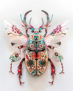 a colorful bug with antlers on it's back and wings painted multicolored