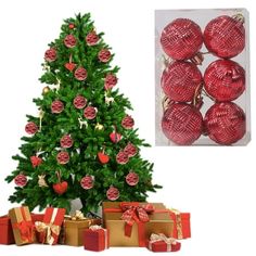 a christmas tree with presents under it and a box full of red baubons