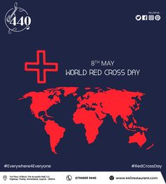 the poster for world red cross day is shown in blue and red with a map