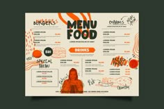 a menu with an orange and black design