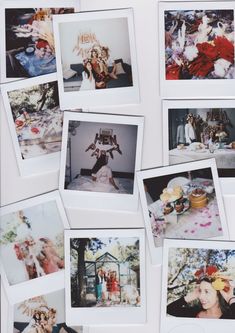 many polaroid photos are arranged on the wall with one person taking pictures and another woman eating cake