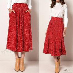 Elluis - Contemporary Polka Dot Pleated Maxi Skirt with Sweet Pocket Design Skirt Styles, Pleated Maxi Skirt, Half Skirt, Pleated Maxi, Types Of Skirts, A Line Skirt, Pocket Design, Skirt Fashion, A Line Skirts