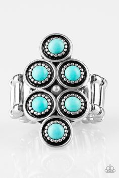 Dainty turquoise stones are pressed into ornate silver frames, coalescing into an earthy frame atop the finger. Features a stretchy band for a flexible fit. Sold as one individual ring. Paparazzi Accessories Jewelry, Blue Ring, Rhythm And Blues, Silver Frames, Paparazzi Accessories, Turquoise Stones, River Rock, Bling Rings, Paparazzi Jewelry