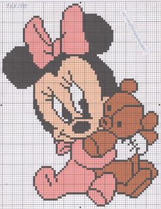 a cross stitch pattern with a minnie mouse hugging a teddy bear