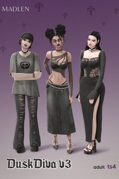 three women are standing next to each other in black outfits and stockings, with the caption dusk duo u3