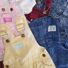 Flat lay of Vintage Oshkosh Baby denim overalls & shortalls - Yellow floral - Red gingham - Pink bunny - Rare - Hard to find Denim Flatlay, Oshkosh Overalls, Vintage Oshkosh, Overalls Denim