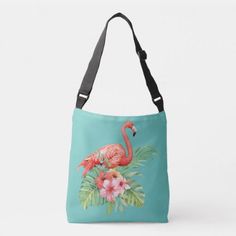 Tropical Flamingo Floral Aqua Blue Crossbody Bag Green Crossbody Bag, Music Tote Bag, Blue Crossbody Bag, Lilly Pad, Tropical Beach Wedding, Aqua Beach, Tropical Flamingo, White Crossbody Bag, Beach Wedding Inspiration