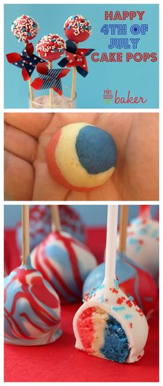 cake pops are decorated with red, white and blue icing