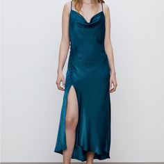 Satin Lingerie Style Dress. Size Xs Blue Sleeveless Silk Summer Dress, Blue Fitted Sleeveless Silk Dress, Blue Sleeveless Silk Dress For Summer, Blue Sleeveless Silk Dress For Spring, Elegant Blue Slip Dress For Beach, Blue Silk Midi Dress For Summer, Elegant Blue Slip Dress For The Beach, Blue Sleeveless Silk Dress, Zara Maxi Dress