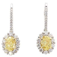 RareGemWorld's classic diamond earrings. Mounted in a beautiful 18K Yellow and White Gold setting with natural oval cut yellow diamonds. The yellow diamonds are surrounded by a halo of small round natural white diamond melee. These earrings are guaranteed to impress and enhance your personal collection! Total Weight: 2.19cts Length x Width: 23.8 x 8.8 mm Center Diamond Measurements: 6.5 x 4.7 mm Side Diamond Measurements: .89 - .98 & 2.0 - 2.1 mm Natural Oval Yellow Diamonds Natural Round White Diamonds 18K Yellow/White Gold All diamonds are guaranteed natural International Shipments: Please note that customers are responsible for all import duties and taxes applicable to the country of shipment Returns: Returns accepted in original format within 14 days of receipt Do not forget to view ou Classic Diamond Earrings, Earring Video, Yellow Gold Drop Earrings, Yellow Diamonds, White Gold Set, Yellow Gold Setting, Diamond Drop Earrings, Pear Diamond, Antique Earrings