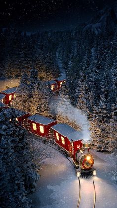 a red train traveling down tracks next to snow covered trees and evergreens at night