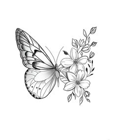 a black and white drawing of a butterfly with flowers