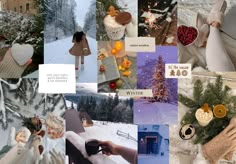 a collage of photos with christmas decorations and people in the snow, holding hands up