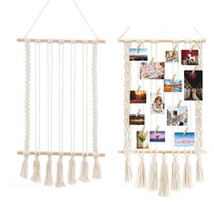 an image of a hanging photo frame with tassels and pictures on the wall