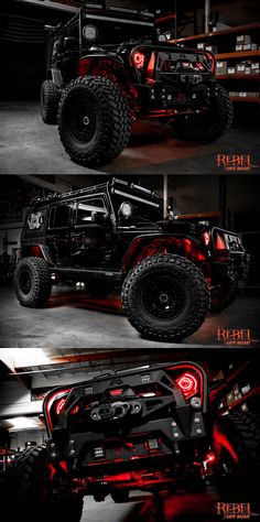 four different views of an off - road vehicle with red lights on the front and side